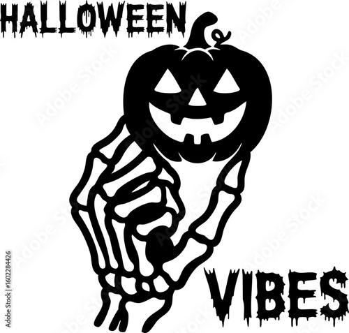 Black and white vector illustration of a skeleton hand holding a cute pumpkin with big eyes, playful Halloween line art for seasonal crafts, stickers, and festive decorations
