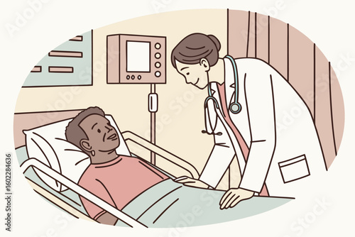 Doctor providing care and support to a patient recovering in a hospital room during daytime hours