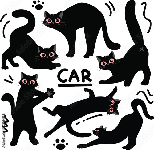 Cute Black Cats in Funny Poses Cartoon Vector Illustration

A playful collection of cute black cats in various funny and dynamic poses. Cartoon-style vector illustration with bold black silhouettes
