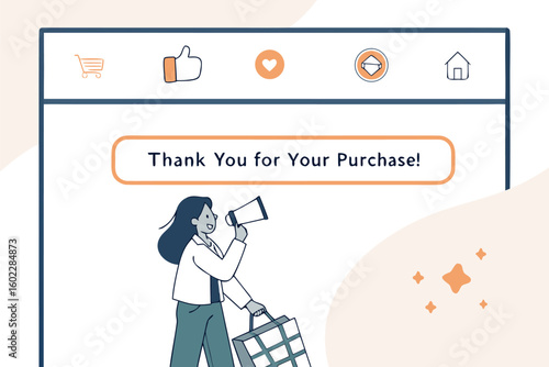 A happy customer announces their successful purchase with a megaphone and shopping bag celebrating a positive transaction