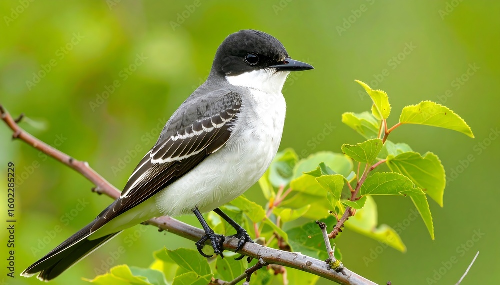 Fototapeta premium Captivating portrait of an Eastern Kingbird perched amidst lush foliage backdrop scene