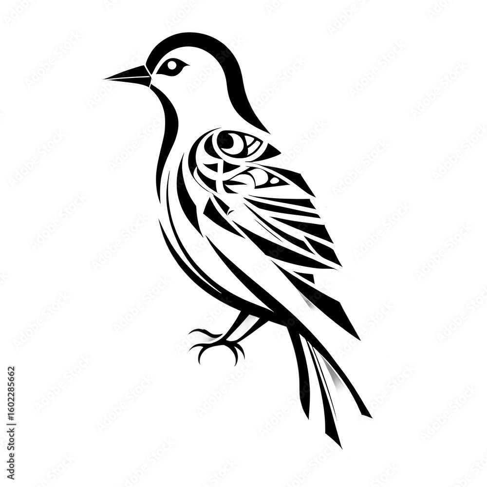 Fototapeta premium Stylized bird illustration with intricate feather details on black background
