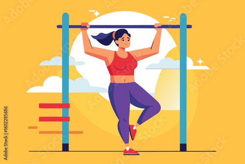 Woman performing a pull-up exercise on a bar in a bright, sunny outdoor setting showcasing athleticism and strength