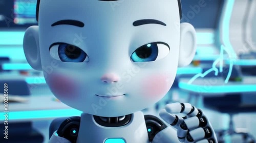 A charming cartoon-style robot with big expressive eyes in a futuristic lab. Ideal for educational tech content, children’s media, or AI branding.