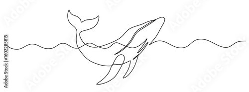 continuous line art of a whale jumping swimming on the surface of the ocean.