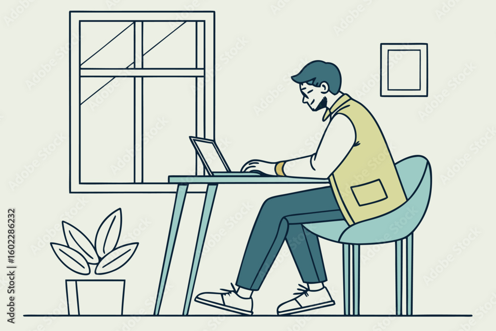 Fototapeta premium Young adult engaged in remote work at a desk by a window with a potted plant in a simple, modern workspace