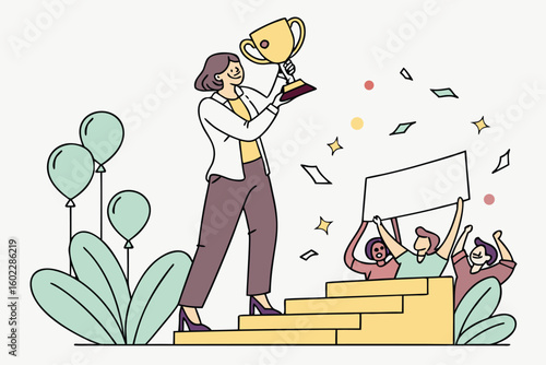 Celebration of achievement with a trophy awarded to a proud winner surrounded by enthusiastic supporters in a lush outdoor setting