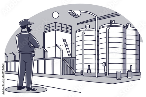Industrial worker observes large storage tanks at night under a bright moon in a secure facility