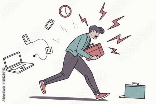 Person rushing with a briefcase while surrounded by distractions and stress in a busy workspace environment