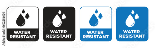 Water Resistant Icon Label sticker Vector Set in Blue and Black for Packaging and Safety Tags. Waterproof icon