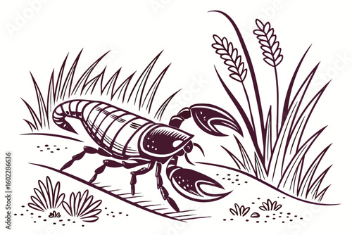 Scorpion walking through grass on a sunny day in a natural landscape depicting wildlife in harmony with the environment