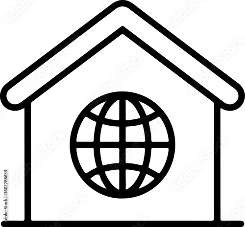 Simple outline icon of a house with a globe inside representing global home or worldwide residence