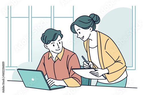Colleagues collaborating on a project during a workday in a bright, modern office with natural light in the background