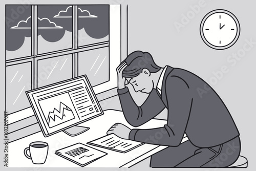 Person in formal attire stressed while reviewing financial reports and charts at a desk beside a window with a rainy view, early evening on a weekday