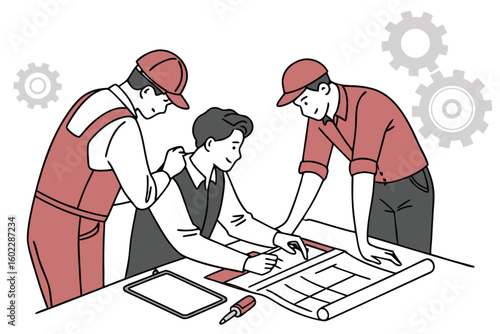 Engineers collaborate on project plans and designs in an industrial workshop, discussing technical details and solutions to optimize efficiency and workflow during daytime work hours
