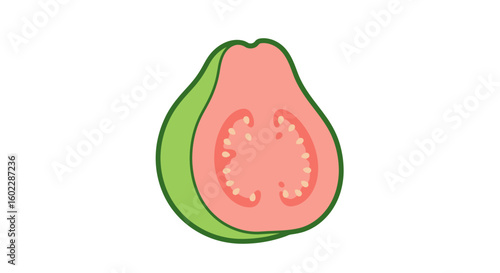 Flat illustration of a guava with green outer skin, minimal style with bold green outline
