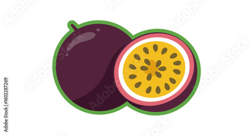 Flat vector of a halved passion fruit with purple skin and yellow seedy pulp