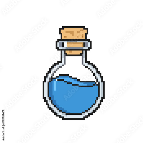 Simple pixel art illustration of game item; blue health potion, bold charcoal outline, isolated on white