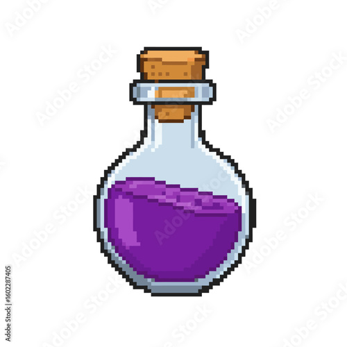 Simple pixel art illustration of game item; purple potion, bold charcoal outline, isolated on white
