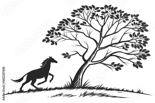 Silhouette of a running horse beside a leaf-bearing tree on a grassy hillside during a clear day