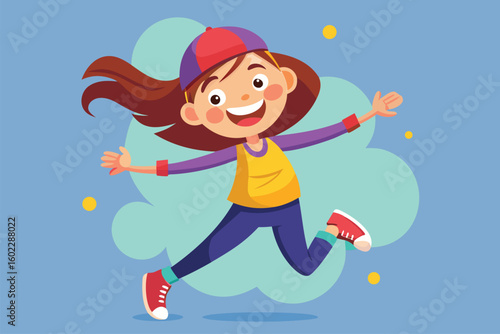 Joyful girl with brown hair in a cap skips happily against a light blue background during a sunny day in a vibrant cartoon style