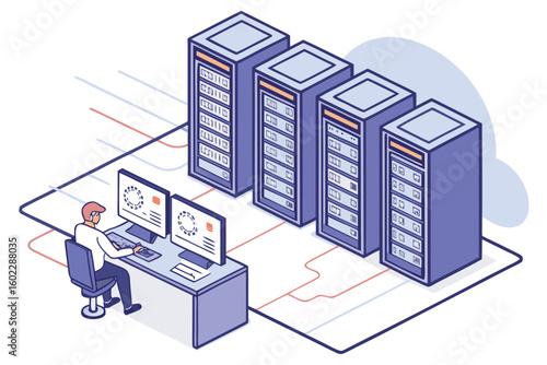 Professional working at a desk with dual monitors and server racks in a modern data center environment during daytime