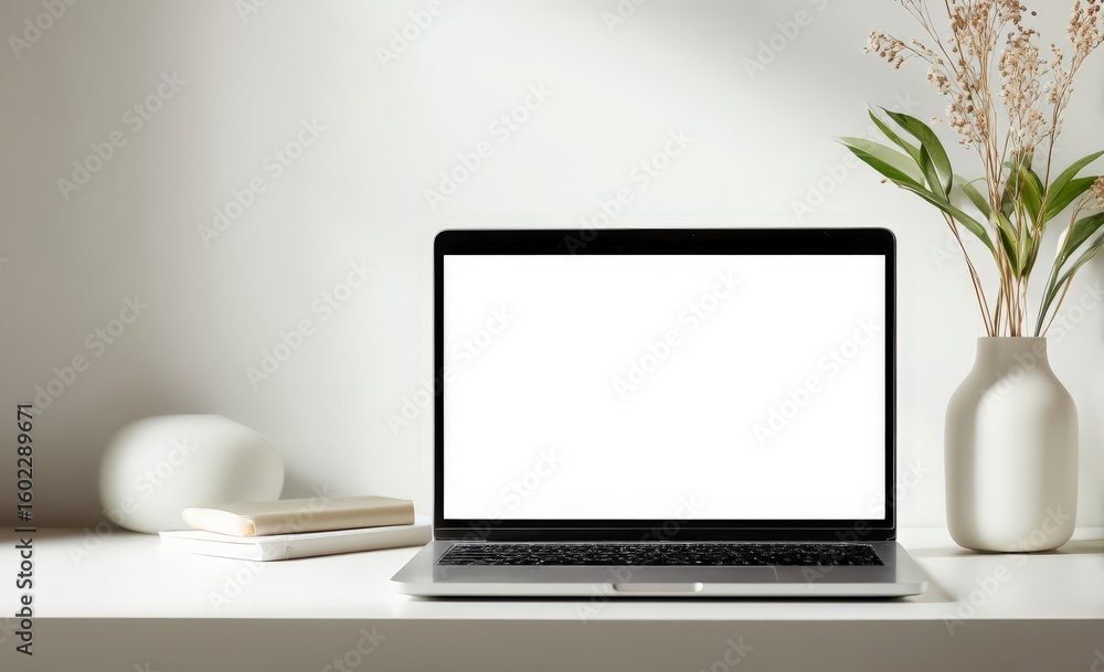 Fototapeta premium A laptop computer with a bright white screen is sitting on a desk