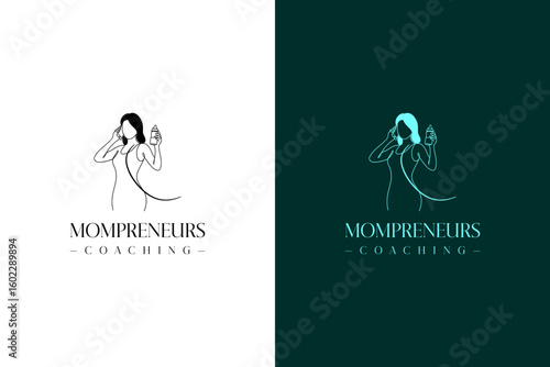 woman multitasking with a phone and feeding bottle vector illustration, logo for woman in business, women entrepreneurs, mompreneurs coaching, mom ceo, momboss, and more
