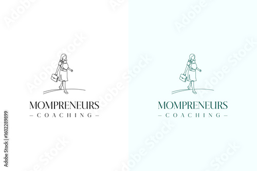 woman walking with baby carrier and briefcase vector illustration, logo for momboss, mom mentor, busy mom, women entrepreneurs, women empowerment, mompreneurs coaching, and more
