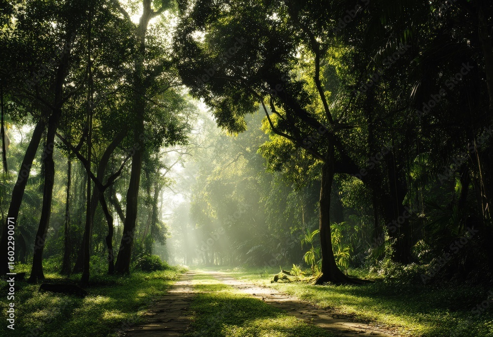 Obraz premium The sun is brightly shining through the trees in the vibrant forest