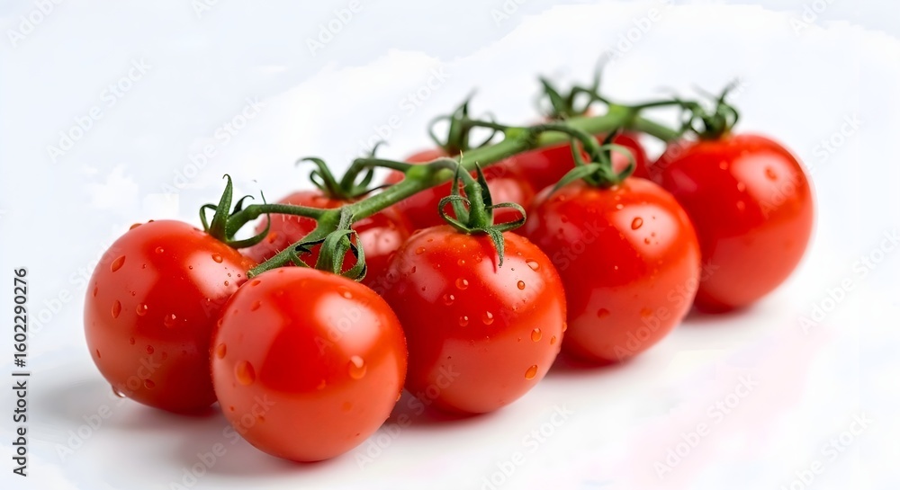 A cluster of vibrant red cherry tomatoes on the vine, arranged neatly on a pristine white background surface. AI Generated A cluster of vibrant red cherry tomatoes on the vine, arranged neatly on a pristine white background surface. AI Generated