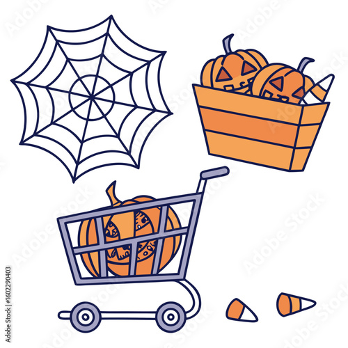 Spooky halloween shopping spree featuring carved pumpkins in a cart a basket of jack o lanterns candy corn and a spiderweb