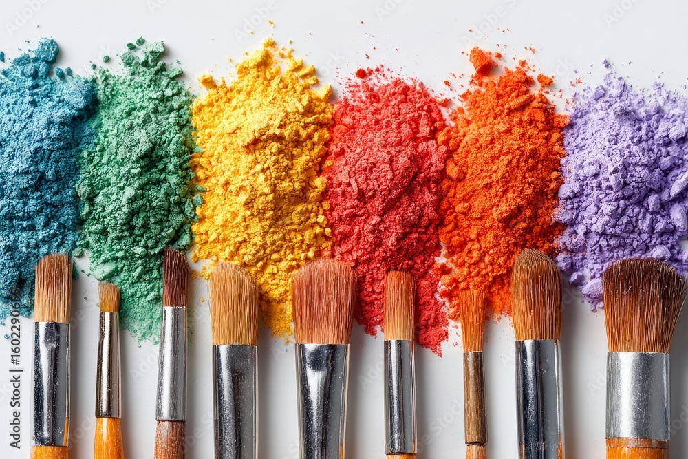 Fototapeta premium Makeup brushes arranged below piles of colorful powder pigments