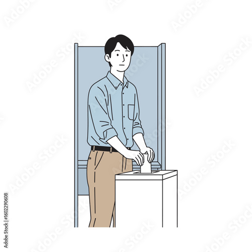 Man casting a ballot in a private voting booth, civic duty, election process.
