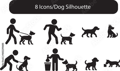 Dog Silhouette Activity Icon Set – Vector Pack for Pet Care, Lifestyle, and Animal Behavior Design