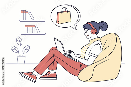Young woman enjoys online shopping while relaxing in a cozy bean bag chair, wearing headphones and focused on her laptop in a stylish indoor setting
