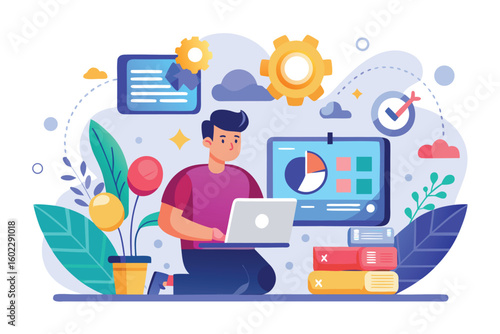 Engaging in digital learning with a laptop and colorful graphics in a creative workspace setting around midday