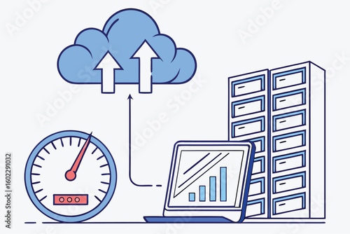 Illustration of cloud computing concepts depicting data upload, performance monitoring, and digital storage solutions for effective data management