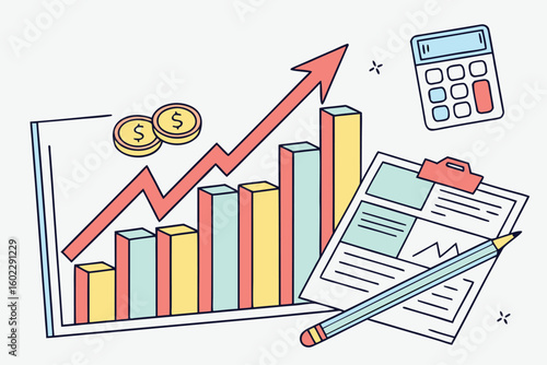 Colorful financial growth chart with calculator and business report showcasing positive trends in profit and revenue