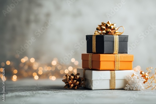 Close up of stacked holiday gift boxes in black white and orange with gold ribbons and lights