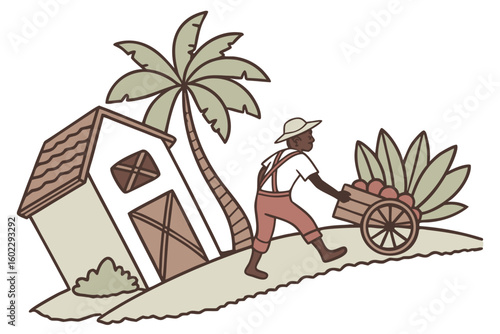 Man transporting fruit in a cart near a tropical house surrounded by palm trees during daylight in a vibrant rural setting