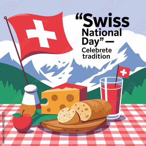 Swiss National Day Celebration with Flag, Cheese, Bread, and Mountain Landscape