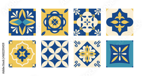 Mediterranean traditional tile pattern. Geometric flowers. Italian, Portuguese, Spanish, Greek, Moroccan mosaic background. Wall and floor interior design. Amalfi coast. Vector.