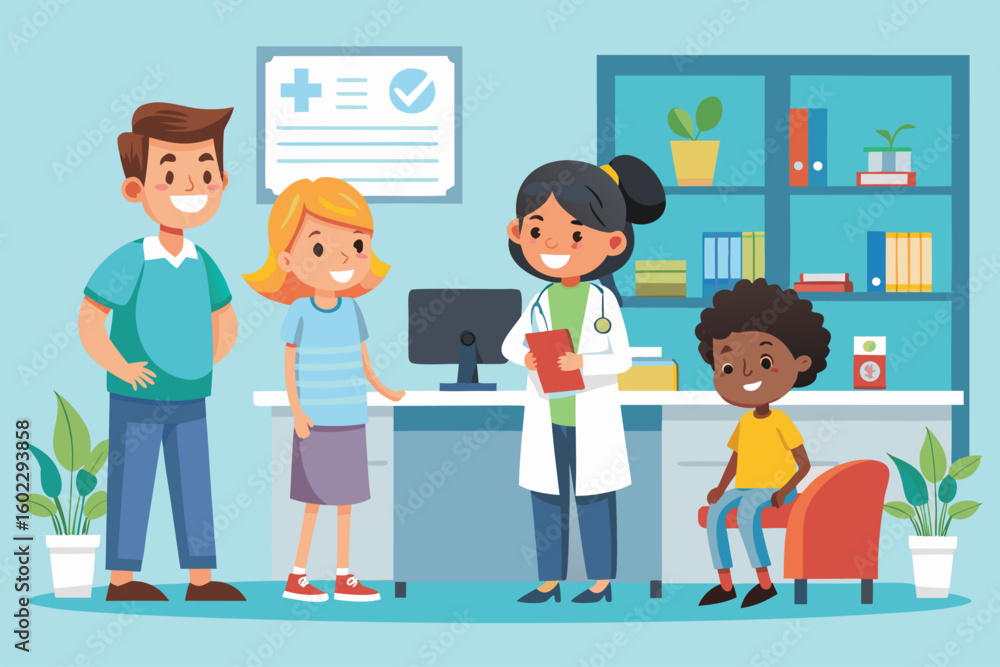 Friendly healthcare scene with a doctor, two children, and a parent in a bright and colorful clinic setting Friendly healthcare scene with a doctor, two children, and a parent in a bright and colorful clinic setting