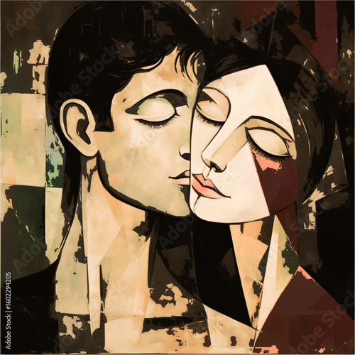 Abstract painting of a couple with closed eyes in a cubist style with muted earth tone colors and dark hair