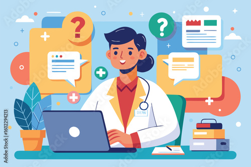 Health consultation taking place online with a doctor interacting through a laptop in a colorful and modern environment