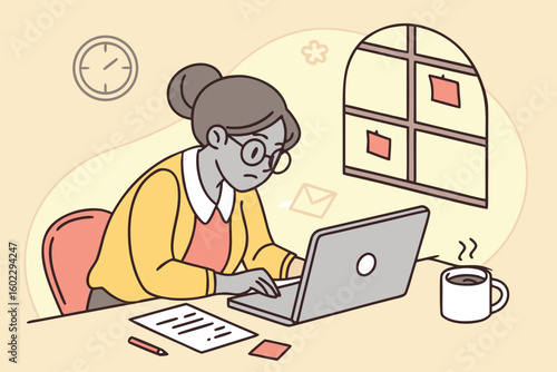 Focused individual working at a desk with a laptop and coffee cup while surrounded by notes and a clock