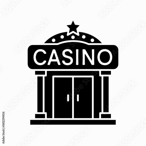 Casino entrance building icon with solid black and white fill representing gaming venue