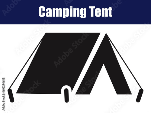 Simple Camping Tent Sways in Gentle Animated Breeze Loop. Minimalist black camping tent icon sways slightly in wind, anchored by visible stakes and ropes.
