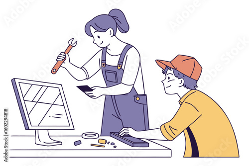 Team working on computer repair with tools in a modern workspace focused on technology and collaboration